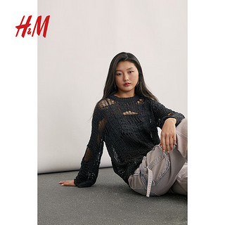 H&M女装针织衫2024夏潮流舒适简约网眼镂空针织套衫1234709 深灰色 155/80 XS