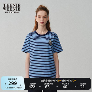 Teenie Weenie小熊女装2024春夏清新条纹圆领短袖T恤宽松上衣 蓝色 165/M
