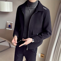 NUKM 短款呢子夹克男秋韩版潮流修身刺绣休闲帅气毛呢风衣外套男装联名 黑色 XL