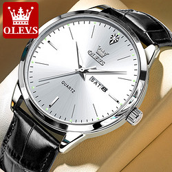 OLEVS 欧利时 品牌瑞士认证原装男士手表超薄简约时尚夜光防水皮带石英手表男表 黑皮本色白面-送豪礼