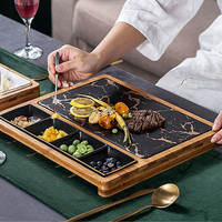 LAIMUJING 来木井 方形西餐盘 陶瓷牛排盘+酱料碟儿童餐盘牛排披萨盘小吃碟北欧餐厅 黑色陶瓷牛排板+碟+竹木板 12英寸