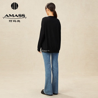 阿玛施（AMASS）宽松中长款字母logo纯羊绒针织开衫女毛衣5499169 黑 M(3码)