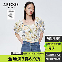 ARIOSE years 艾诺丝雅诗 夏新款感短款短袖泡泡袖上衣雪纺衫女10525061 黄花绿叶 M