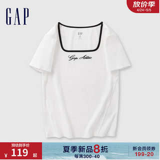 Gap女装2024夏季弹力罗纹撞色U领短袖T恤修身显瘦上衣465251 白色 170/88A(L) 亚洲尺码