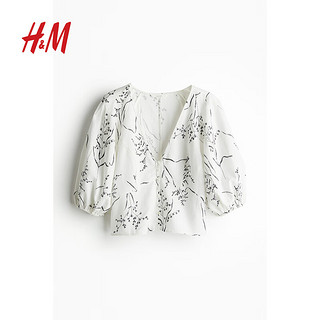 H&M2024春季女装衬衫时尚休闲百搭亚麻混纺上衣1224721 白色/图案 170/116 XL