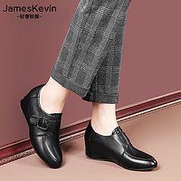 James Kevin品牌2024春款新款单鞋女妈妈坡跟鞋牛筋底内增高皮鞋女士软底女鞋 黑色 34