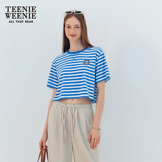 Teenie Weenie小熊2024年夏季短款毛巾布条纹短袖T恤多巴胺女 蓝色 160/S
