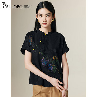 帕罗（PALUOPO）新中式圆领短袖T恤女2024真丝斜襟花卉印染国风重磅提花上衣 黑 XXL(175/96A)
