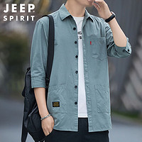 JEEP SPIRIT 吉普衬衫男夏季衬衣男士外套休闲七分袖男装短袖衬衫 豆绿色 XL