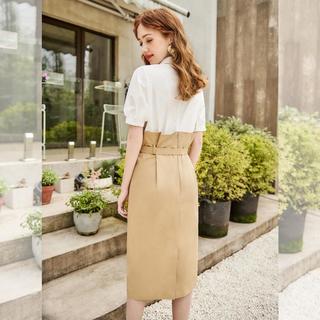【假两件 送腰带】夏季复古衬衫连衣裙女时尚拼接职业中长裙