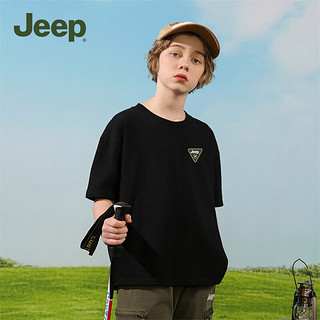 Jeep童装儿童短袖T恤2024夏季纯棉男童女童宽松印花潮流 黑色-1350 150cm