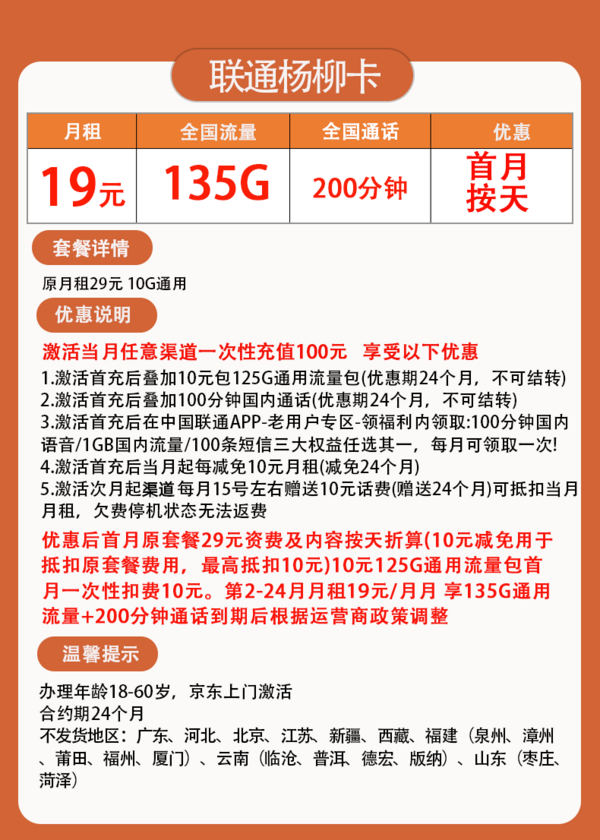 China unicom 中國聯通 楊柳卡 兩年19元月租（135G國內流量+200分鐘通話）贈電風扇一臺