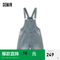 森马(Semir)牛仔裤女宽松背带裤盐系2024夏季卷边短裤复古 牛仔中蓝88201 155/62A/S
