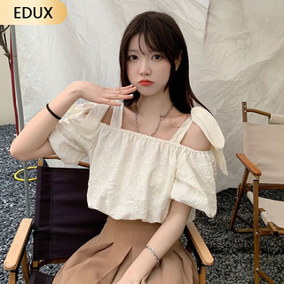 EDUX一字肩上衣女设计感小众夏季法式韩系锁骨吊带泡泡袖短袖 杏色(单层) M_(90-105斤)