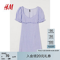 H&M 女装连衣裙夏季新款泡泡袖桃心领设计别致格纹短裙0942666 浅紫色/方格纹 155/80