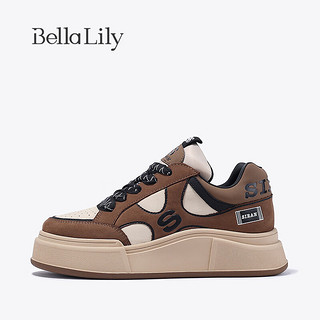 Bella Lily2024春季厚底增高板鞋女原创设计休闲鞋牛皮运动鞋 咖啡 35