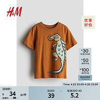 H&M 童装男童T恤2024春季短袖可爱卡通印花柔软舒适上衣1216652 棕色/蜥蜴 150/76