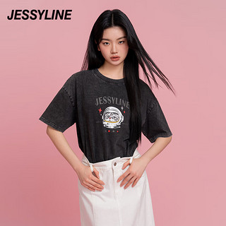 JESSYLINE 杰茜莱灰色卡通字母宽松T恤女2024春夏新款显瘦百搭上衣 商场同款 灰色 XS/155