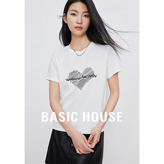 百家好（Basic House）2024字母印花短袖T恤女圆领正肩打底衫春 白色 XL
