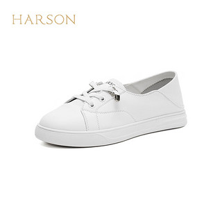 哈森2024年时尚真皮女鞋平底运动小白鞋可两穿舒适女休闲鞋HWC240128 白色 35