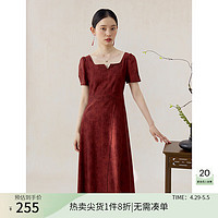 ZIQIAO 自巧 小个子 复古红气质方领茶歇连衣裙女2024夏装收腰显瘦裙 赤枫红 1