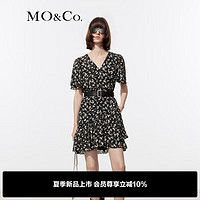 MO&Co. 摩安珂 2024夏新品度假风碎花连衣裙V领荷叶边法式裙MBD2DRST05 黑底小碎花 M/165