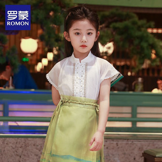 罗蒙罗蒙女童中国风汉服2024春款短袖女孩唐装 短袖汉服立领上衣 140