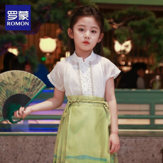 罗蒙罗蒙女童中国风汉服2024春款短袖女孩唐装 短袖汉服立领上衣 140