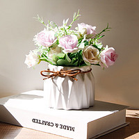 盛世泰堡 仿真花假花束盆绢花装饰花艺陶瓷小花瓶客厅装饰摆件 淡紫色玫瑰