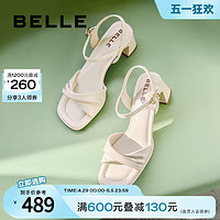 BeLLE 百丽 法式方头一字带凉鞋女款2024夏季新款鞋子粗跟凉鞋A9X1DBL4