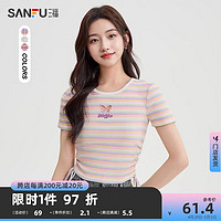 SANFU 三福 短袖T恤2024新款夏季镂空两侧抽绳坑条显瘦短上衣女装483834