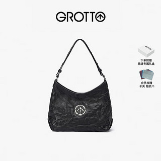 GROTTO 个乐 黑石Hobo腋下包礼物植鞣羊皮高级感单肩斜挎包托特包小号包包 经典黑 银标S