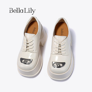 Bella Lily2024春季欧美牛皮增高鞋女粗跟休闲鞋减龄高跟鞋子 米白 35