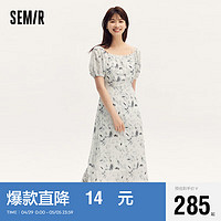 Semir 森马 连衣裙女水墨风满印修身2024夏国风中长裙101324114010