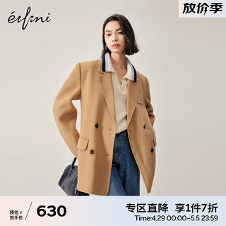 eifini 伊芙丽 西装式双排扣毛呢大衣女2023秋装新款气质高级感大衣外套 驼色 165/88A/L