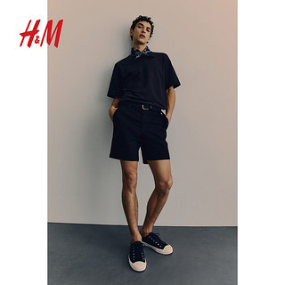 H&M男装裤子2024春季标准版型时尚休闲柔软棉布短裤1153494 海军蓝 165/72