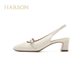 哈森【】2024夏季方头纯色粗跟后空玛丽珍女凉鞋HM247001 米白色 38