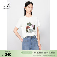 玖姿·安娜蔻【草目系列】珠片刺绣OVERSIZE休闲T恤女2024夏季 经典白 L