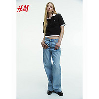 H&M2024春季女装女士简约风潮流时尚休闲短款Polo衫1231665 黑色 L