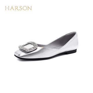 哈森2024春季漆皮夏日多巴胺系列舒适水钻方头女单鞋HS247155 银色 34
