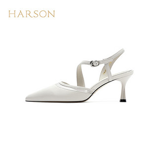 哈森一字带时尚后空凉鞋2024夏尖头高跟凉鞋细跟高级感女鞋HWM240103 米白色 39