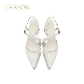 哈森一字带时尚后空凉鞋2024夏尖头高跟凉鞋细跟高级感女鞋HWM240103 米白色 39
