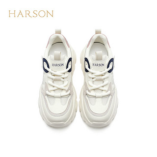 哈森2024潮流运动老爹鞋女厚底增高时尚通勤舒适休闲鞋HWC240145 米蓝色 36