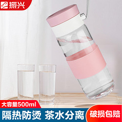 Zenxin 振兴 玻璃水杯ins风学生男女士耐热简约便携可爱花茶杯过滤水杯