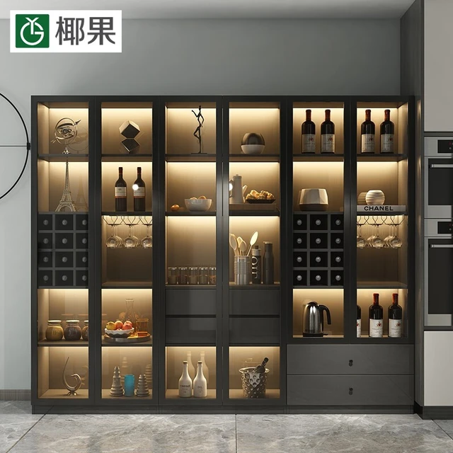 椰果带灯靠墙酒柜客厅家具轻奢现代简约餐边柜餐厅储物柜小型电视边柜 高级深灰  80厘米A+B+C