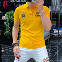 FXEW男装冰丝短袖POLO衫男夏季休闲潮流刺绣修身翻领体恤 黄色 XL