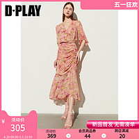 D－PLAY DPLAY夏名媛V领灯笼袖莫奈粉色碎花抽绳不规则荷叶边鱼尾连衣裙