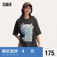 Semir 森马 短袖T恤女中长款印花2024oversize夏装潮101324100026