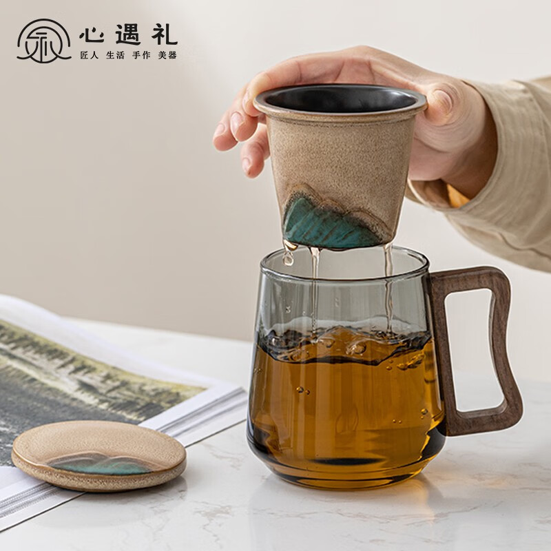 阿狸的爱玻璃茶杯茶水分离杯品男生男士送老师父亲老公实用 办公室喝茶泡茶杯水杯子 茶具三件套商务送员工客户