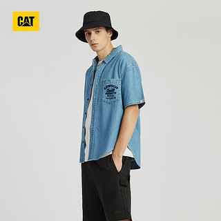 CAT卡特24春夏季男士休闲单胸袋设计靛蓝牛仔衬衫短袖衬衫外套 靛蓝色 S